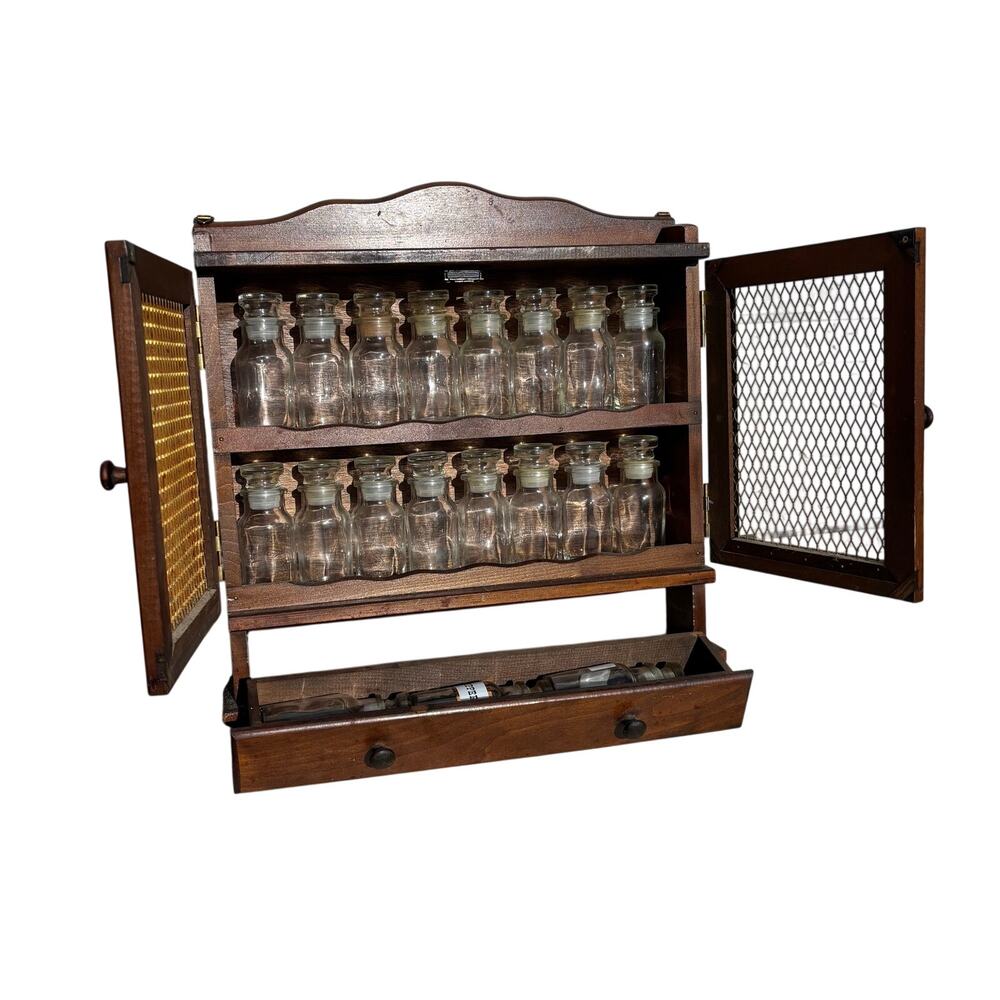 Vtg 16 Glass Bottle Wood Hanging Counter Apothecary Spice Cabinet Rack Shelf